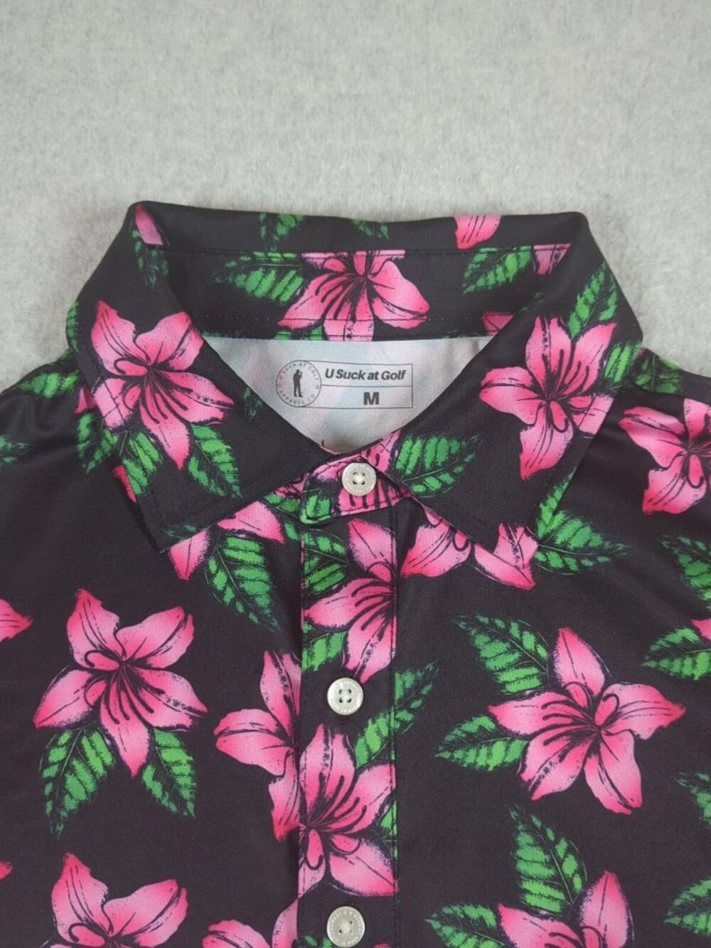 U Suck At Golf Polo Shirt Men's Medium Short Sleeve Floral Performance Stretch